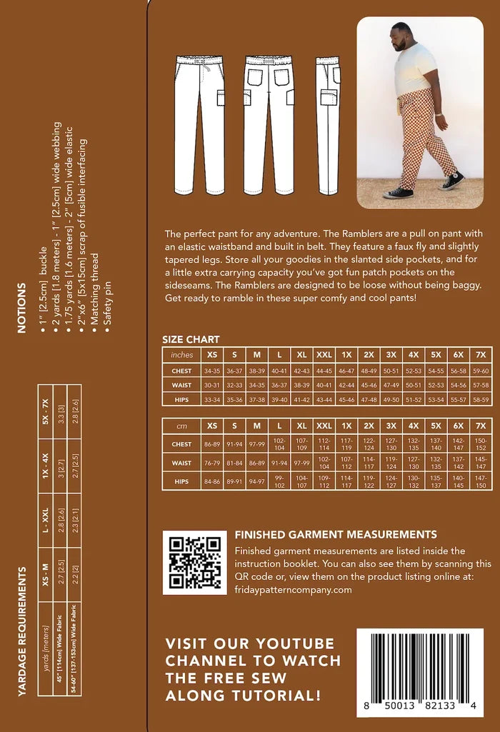 Back cover of Rambler Pants Sewing Pattern – pull-on elastic waistband, built-in belt, tapered leg, XS-7X