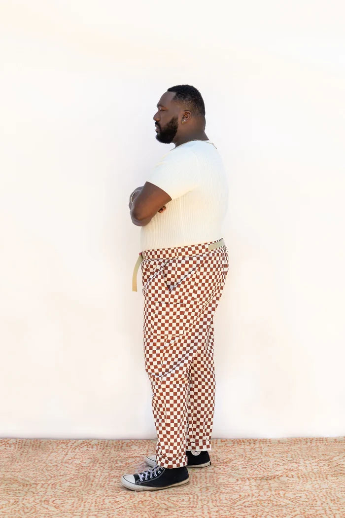Side view of Rambler Pants Sewing Pattern – pull-on elastic waistband, built-in belt, tapered leg, XS-7X