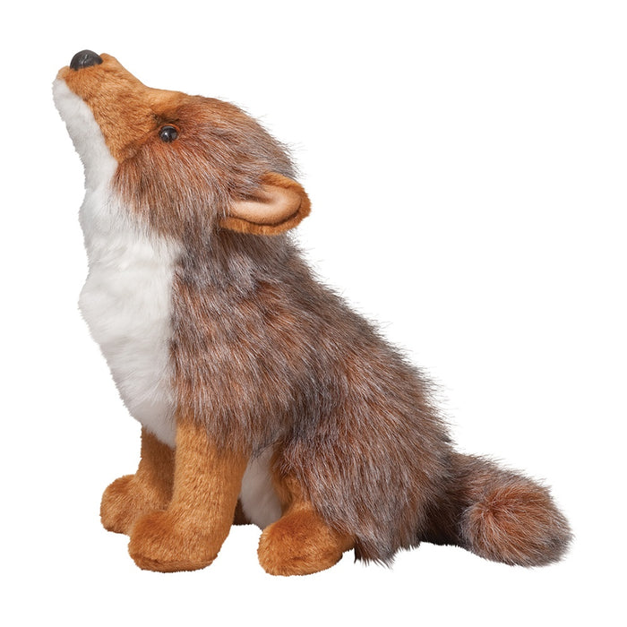 A plush toy of a coyote sitting and howling with a realistic design, featuring a blend of gray, brown, and chestnut colors.