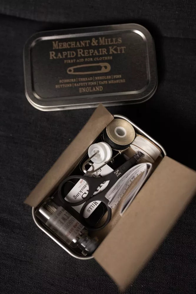 Merchant & Mills Rapid Repair Kit in silver tin with sewing essentials for quick garment fixes