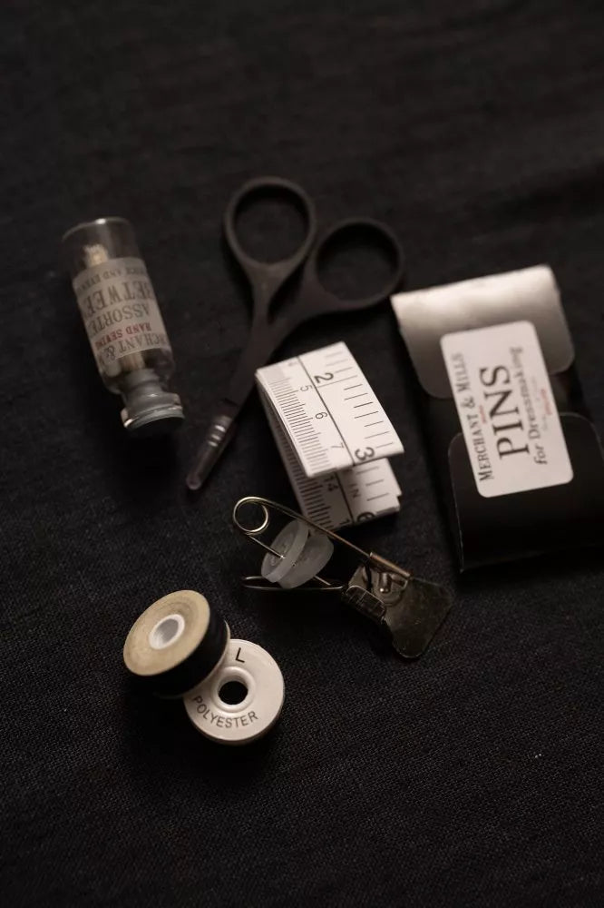 Merchant & Mills Rapid Repair Kit in silver tin with sewing essentials for quick garment fixes
