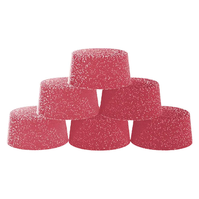 Stacked pyramid of six sugar-coated pink Raspberry Ginger Ale Live Resin Gummies shown from a low front angle against a white background.