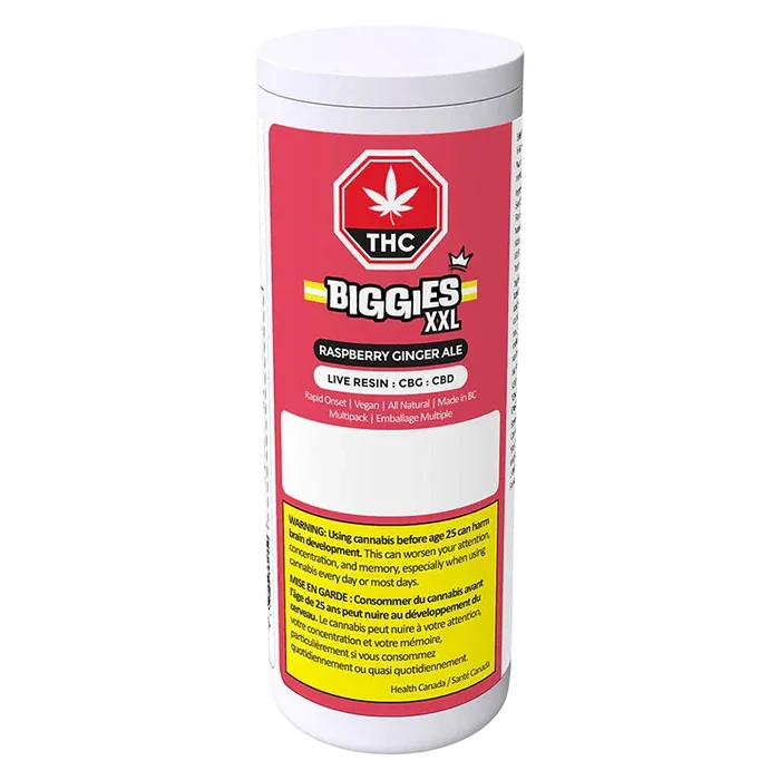 Tall front-facing white canister labeled "Raspberry Ginger Ale Live Resin Gummies" with a red Biggies XXL logo and yellow warning panel.