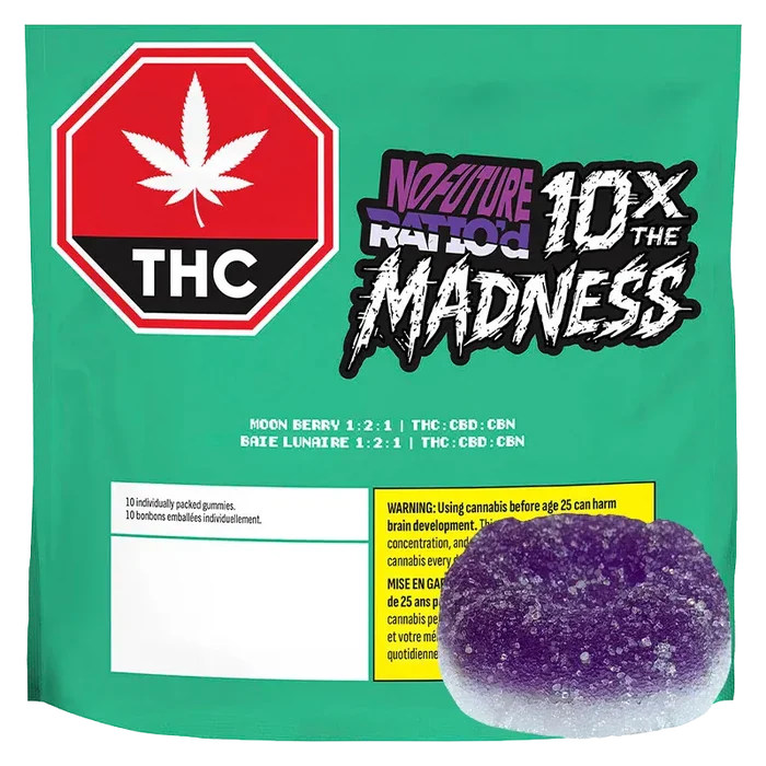 Front-facing shot of the green bag packaging labeled Ratio'd Moon Berry THC:CBD:CBN Gummies with a red THC stop-sign icon and a sugared purple gummy in the corner