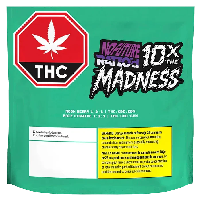 Front-facing teal pouch displaying a red THC stop-sign logo and bold "10X the Madness" graphic for Ratio'd Moon Berry THC:CBD:CBN Gummies.