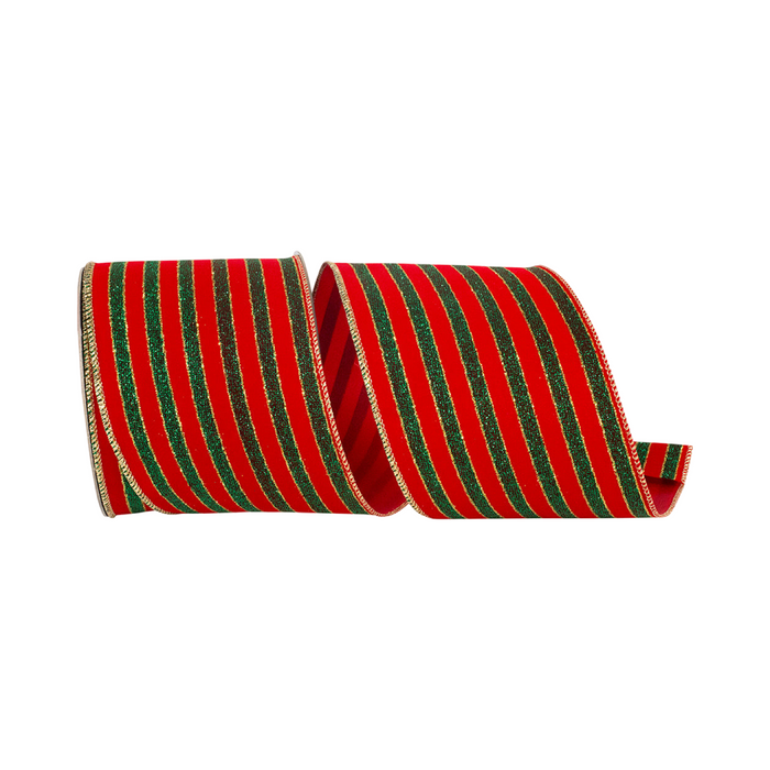 Red and Green Glitter Stripe Velvet Ribbon, 4" X 10YD