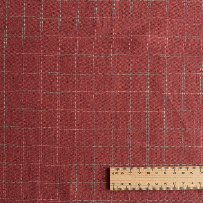 Red Sand Check linen fabric in earthy brick red with teal twin pinstripes, 100% linen, 130 GSM, 60 LEA