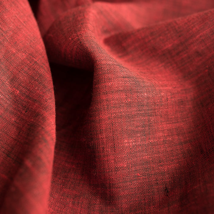 Rich red velvet two-tone linen fabric with a unique denim-like texture, ideal for crafting stylish and elegant garments.