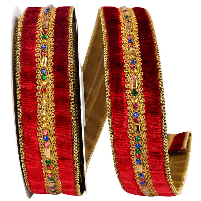 Red Wine Jewel Stones Trim Velvet Ribbon, 1.5" X 5YD