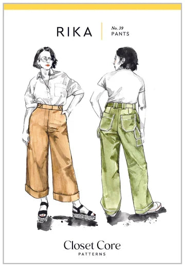 Illustrations of two people wearing pants with 'RIKA' and 'Closet Core Patterns' text.