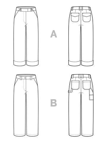 Line drawings of four pairs of Rika Pants in cropped tailored style with hem cuffs and tabbed waistband.   labeled A and B on a white background