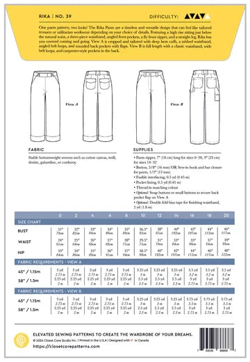 Pattern envelope for pants with fabric, supplies, and size chart information.