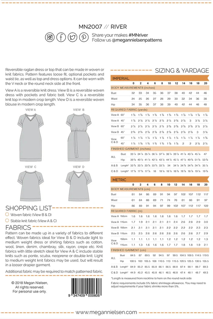 Multi-size reversible River Dress & Top sewing pattern, suitable for woven or knit fabrics, featuring a loose fit, optional pockets, and waist tie.