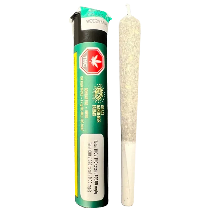 Vertical front view of a pre-roll and its tube packaging showing the Romulan Fire Live Rosin Infused PR 1 x 1 g label and green branding.