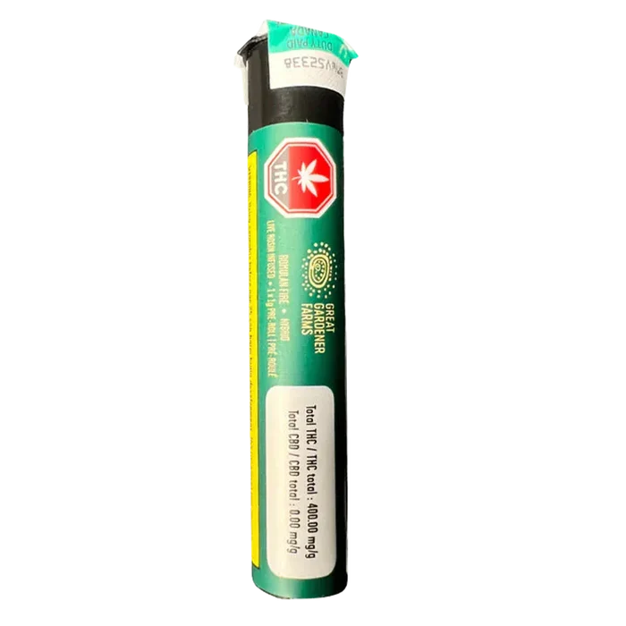 Vertical front view of the Romulan Fire Live Rosin Infused PR 1 x 1 g tube with green label, THC symbol and white dosage panel visible