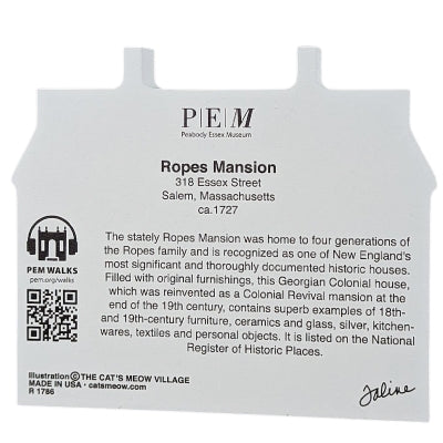 A decorative wood block of the Ropes Mansion with informative text on the reverse.