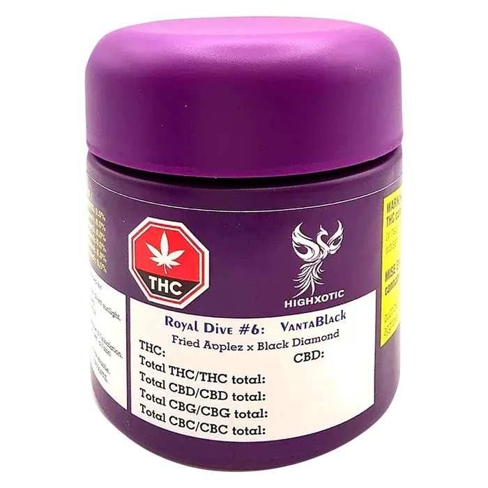 Front three-quarter view of a purple jar labeled "Royal Dive #6: VantaBlack" from Highxotic, showing the THC symbol and product details on a white panel.