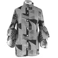 A blue-grey linen ruffle sleeve top with a geometric pattern, displayed on a mannequin.