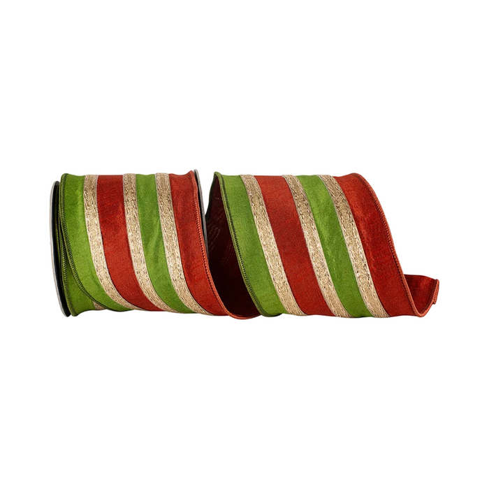 Rust and Moss Stripe Overlay Dupioni Ribbon, 4" X 5YD