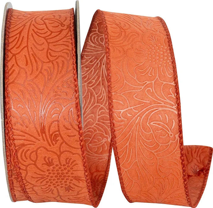 Rust Leaf Scroll Embossed Ribbon, 1.5" X 10YD