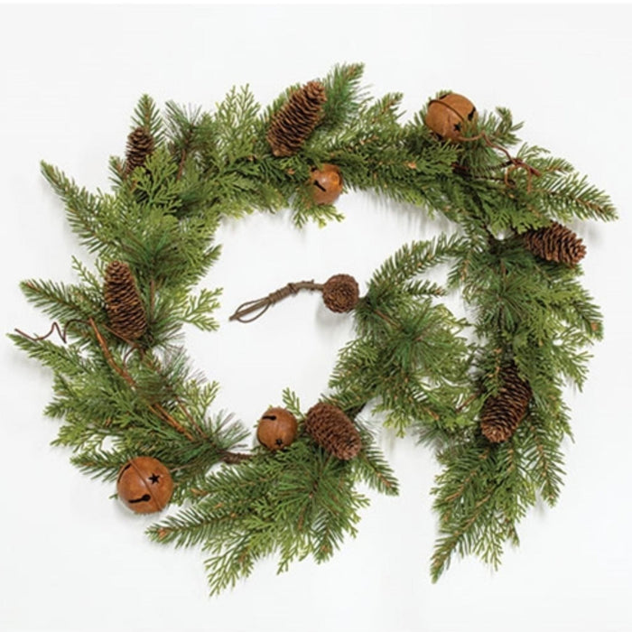 Rustic Cedar & Pine Jingle Bell Garland - 5' - Primitive Star Quilt Shop