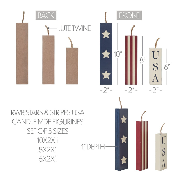 RWB Stars & Stripes Painted Wooden Candles - Set of 3 - Primitive Star Quilt Shop