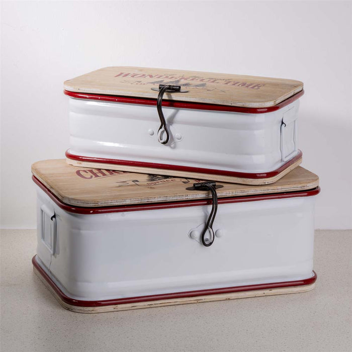 S/2 Enameled Metal/Wooden Storage Chests