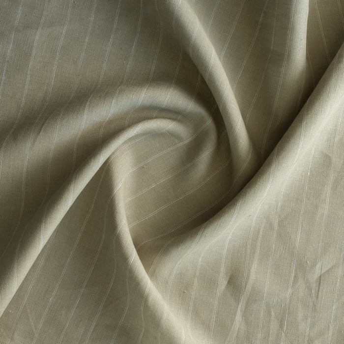 Sage Pinstripe Yarn-Dyed 100% Linen Fabric – pale green with white pinstripes, medium weight 175 GSM, fine 40 LEA weave