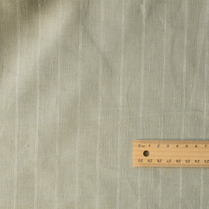 Sage Pinstripe Yarn-Dyed 100% Linen Fabric – pale green with white pinstripes, medium weight 175 GSM, fine 40 LEA weave