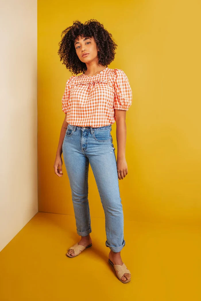 Front view of 
Sagebrush Top Sewing Pattern – puff sleeve blouse with back tie, beginner-friendly, XS-7X