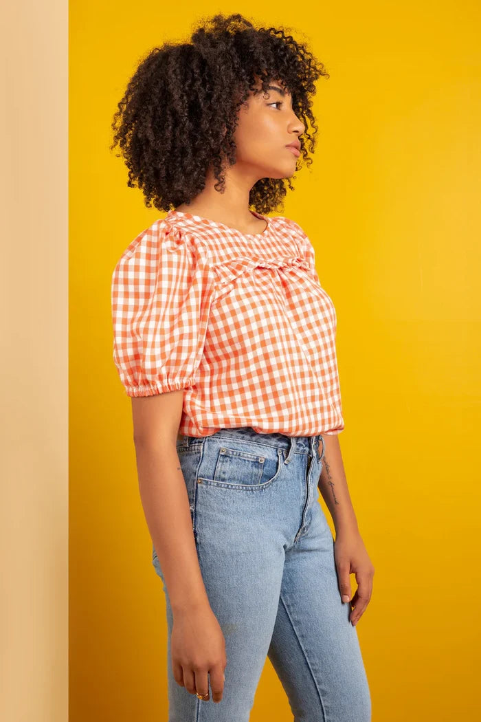 Sagebrush Top Sewing Pattern – puff sleeve blouse with back tie, beginner-friendly, XS-7X