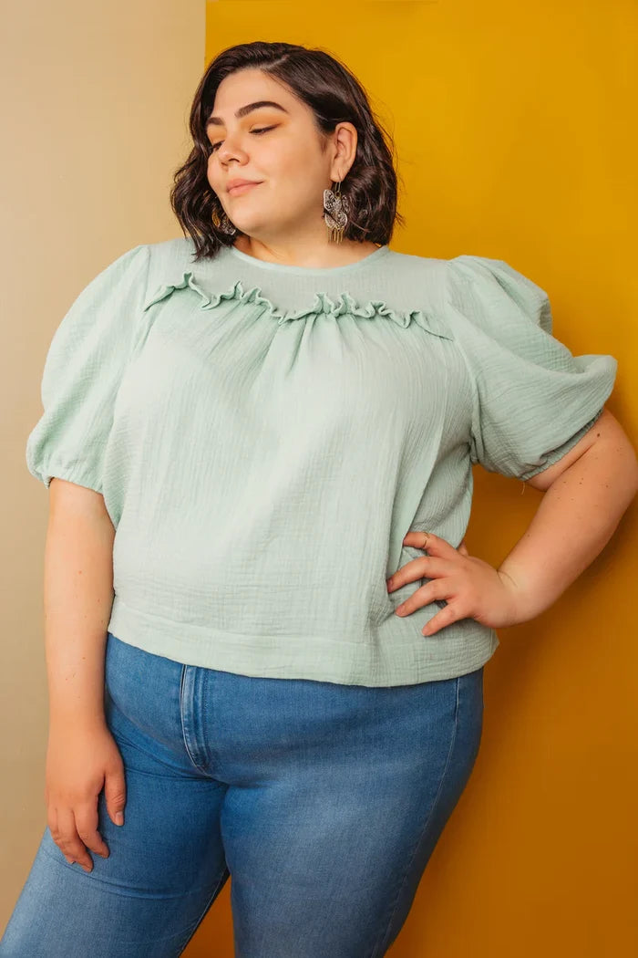 Sagebrush Top Sewing Pattern – puff sleeve blouse with back tie, beginner-friendly, XS-7X