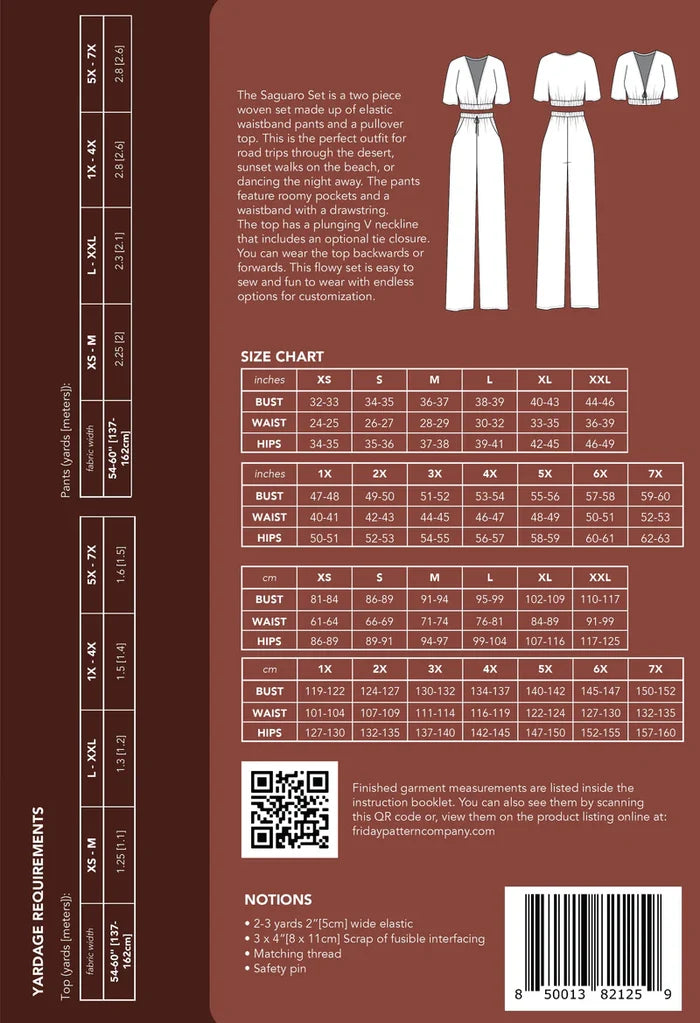 Saguaro Set Sewing Pattern – two-piece elastic waist pants & reversible V-neck top (XS–7X) - back cover
