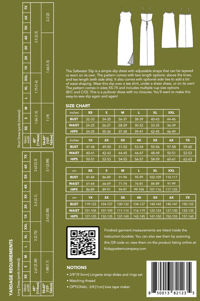 Saltwater Slip Dress Sewing Pattern – adjustable strap slip dress in mini and tea length (XS–7X)