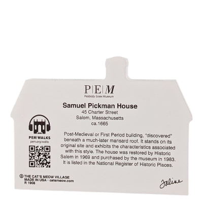 Decorative wood block of the Samuel Pickman House with informative text on the reverse.
