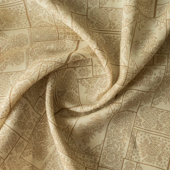 Sandprint linen fabric in slightly greenish beige with patchwork floral design, 140 GSM, 60 LEA