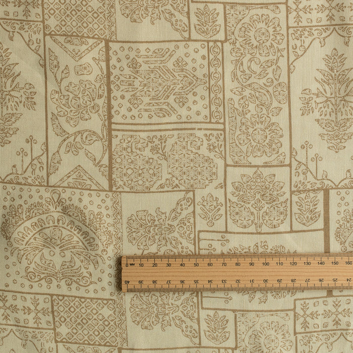 Sandprint linen fabric in slightly greenish beige with patchwork floral design, 140 GSM, 60 LEA