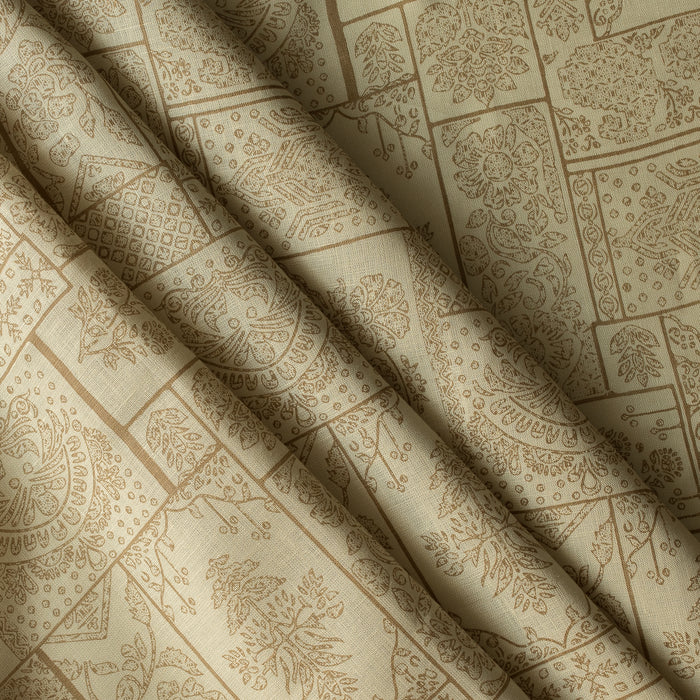 Sandprint linen fabric in slightly greenish beige with patchwork floral design, 140 GSM, 60 LEA