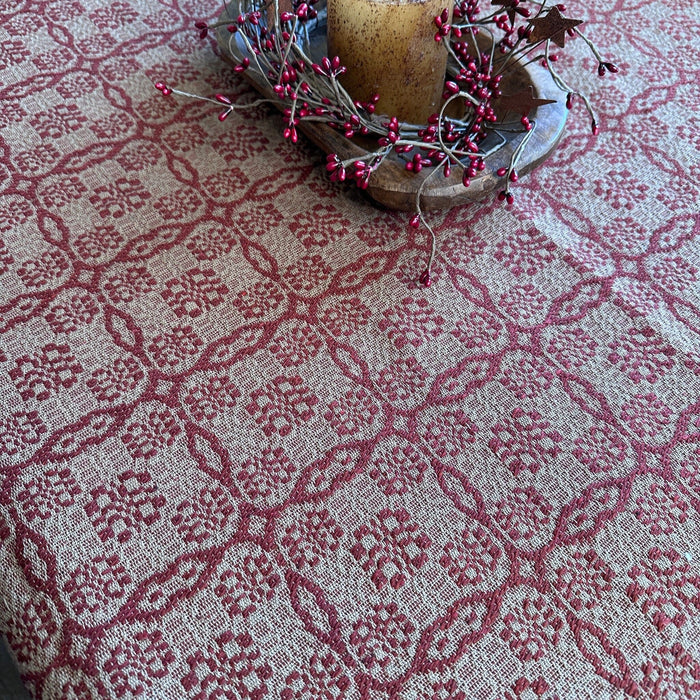 Saratoga Garnet and Tan Woven Small Table Cloth 34" - Primitive Star Quilt Shop