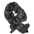 A scarf with a floral pattern in shades of gray and black.
