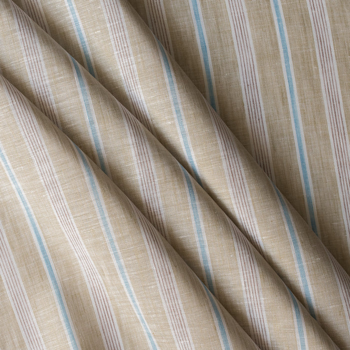 Close-up of striped Seagrass Pinstripe linen fabric with pale sage-beige base, light-brown pinstripes, white and blue accents, 100% linen, 130 GSM, 60 LEA