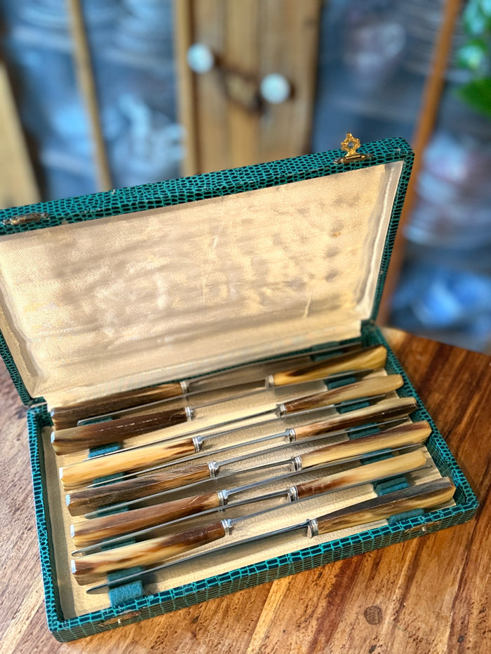 Set of 12 French Faux Horn-Handle Knives in Original Presentation Case