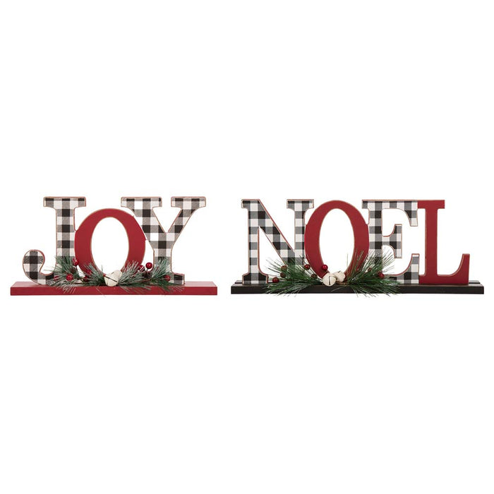 Set of 2 Christmas Wooden Plaid JOY & NOEL Table Decors