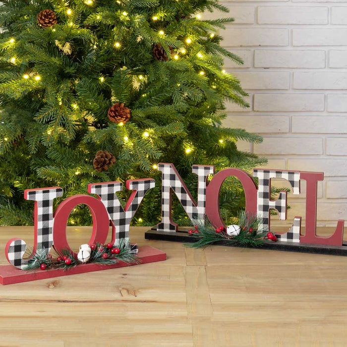 Set of 2 Christmas Wooden Plaid JOY & NOEL Table Decors