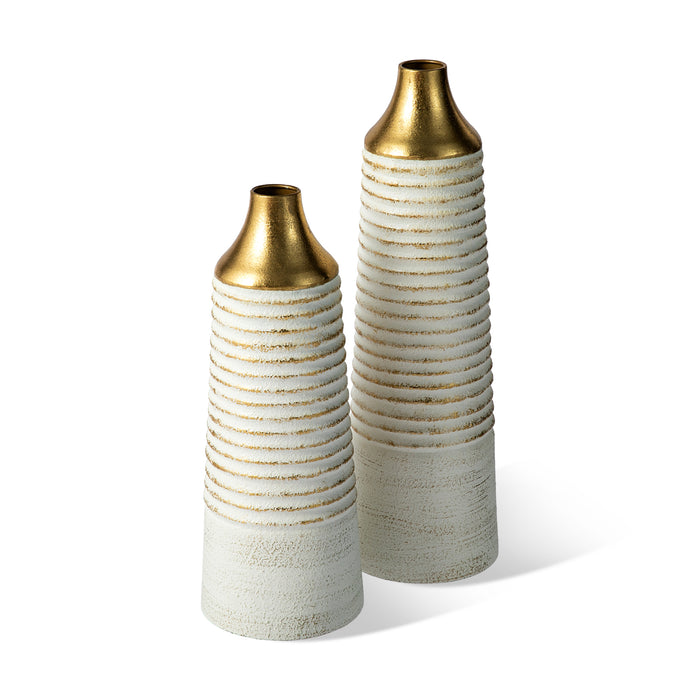 Set of 2 Modern White & Gold Stripes Metal Vases