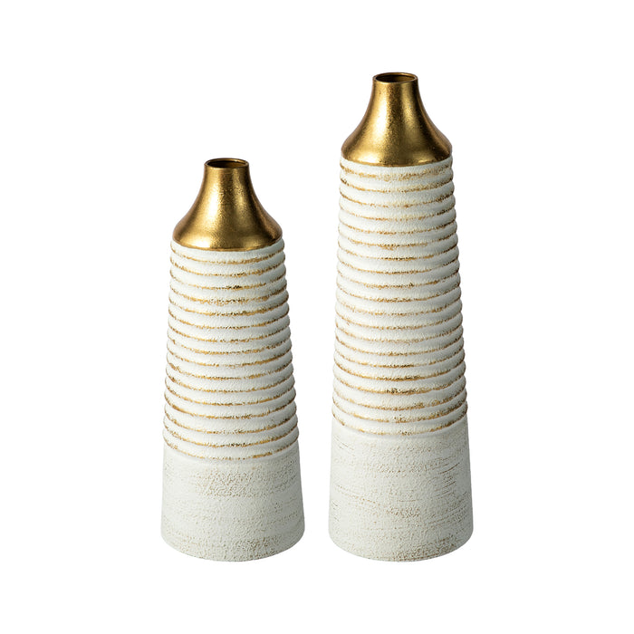 Set of 2 Modern White & Gold Stripes Metal Vases