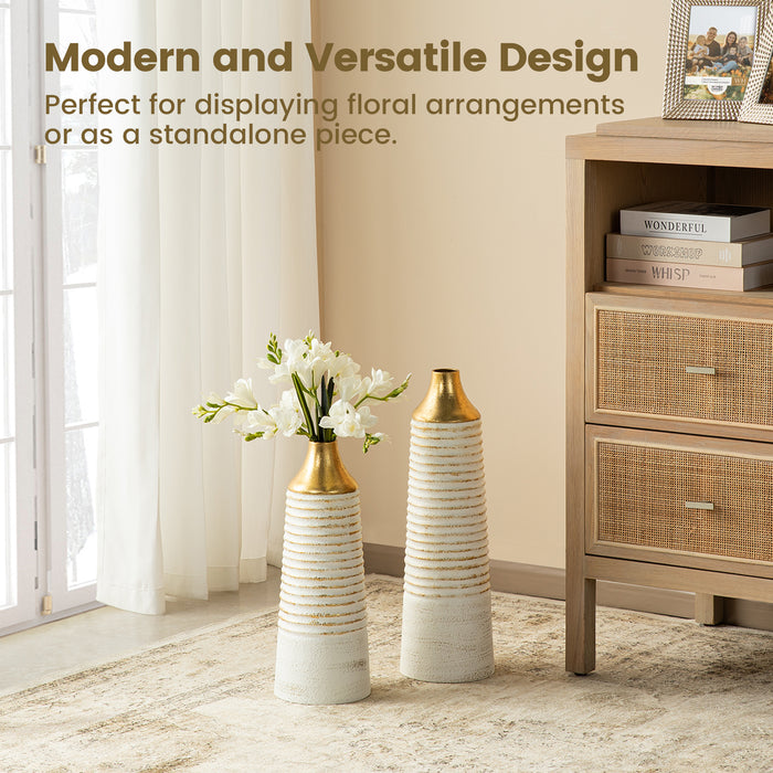 Set of 2 Modern White & Gold Stripes Metal Vases