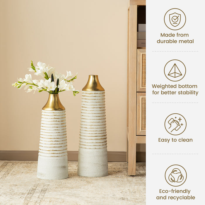Set of 2 Modern White & Gold Stripes Metal Vases