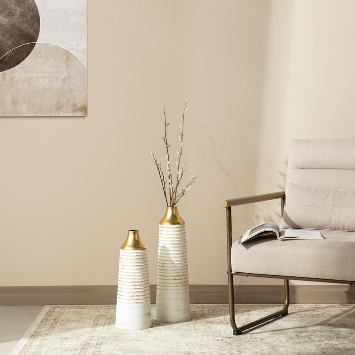 Set of 2 Modern White & Gold Stripes Metal Vases