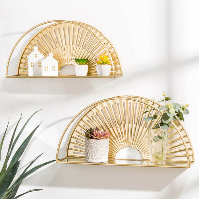Set of 2 Regency Modern Gold Fan Shaped Wall Shelf With Mirror Base